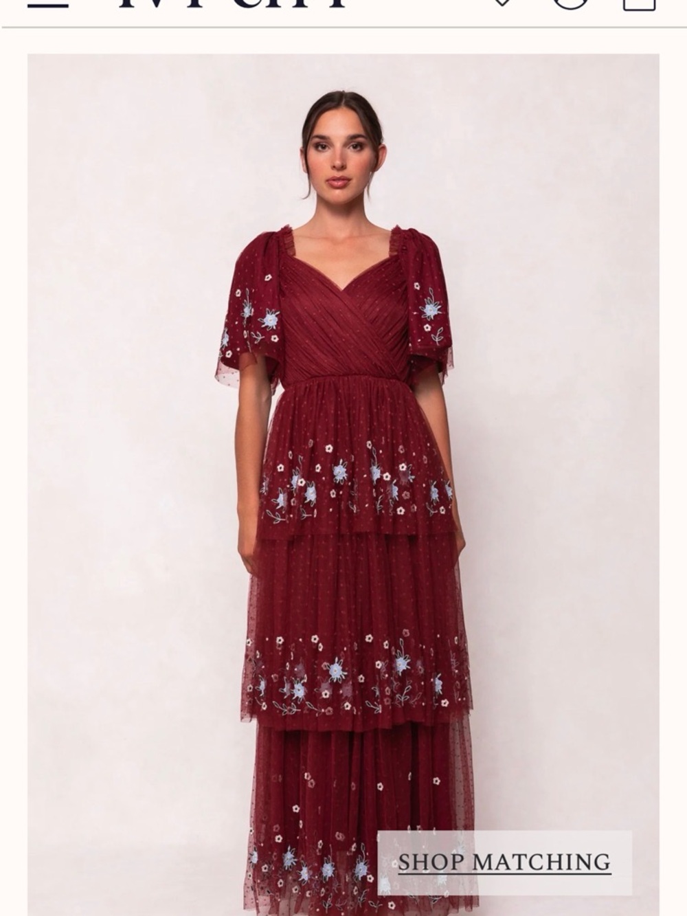 Ivy City Co Rust Red Tiered Tulle Maxi Dress with Blue Floral Embroidery